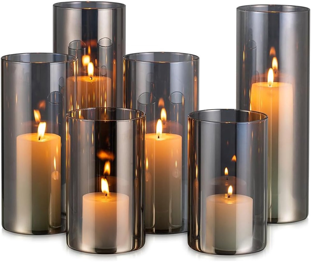 SnelShoppen - 6x Windlicht Glazen Cylinders voor Kaarsen - Moderne Glazen Kaarsenhouders voor Tuin, Feest en Woonkamer - Zwart - 14/19/24 cm