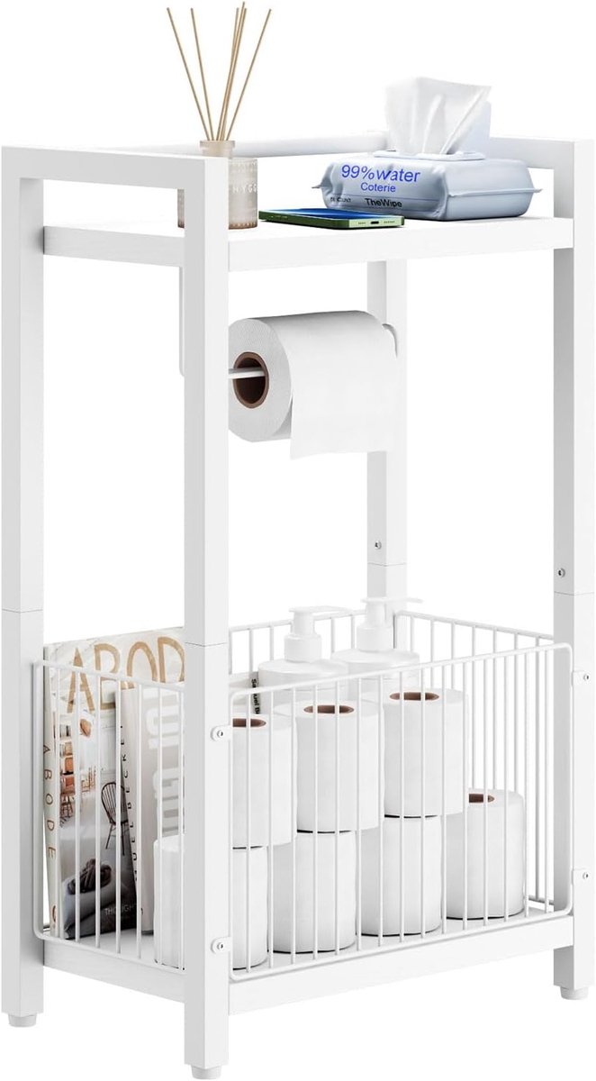 SnelShoppen - Vrijstaande Toiletpapier Houder met Opbergrek, Badkamer Toiletpapier Dispenser met Extra Ruimte voor Rollen, Tijdschriften, Natdoekjes -