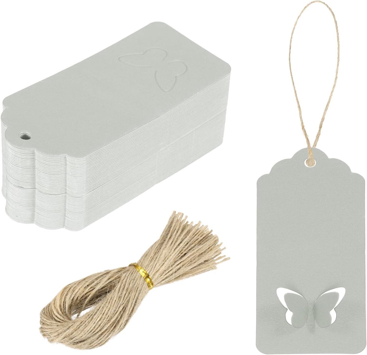 SnelShoppen - Pack van 200 Kraft Paper Gift Tags met Koord 9x4 cm - Lege Handlabels in Golfvorm - Zilverg rijggiftlabels voor Prijslabels, DIY Creatie