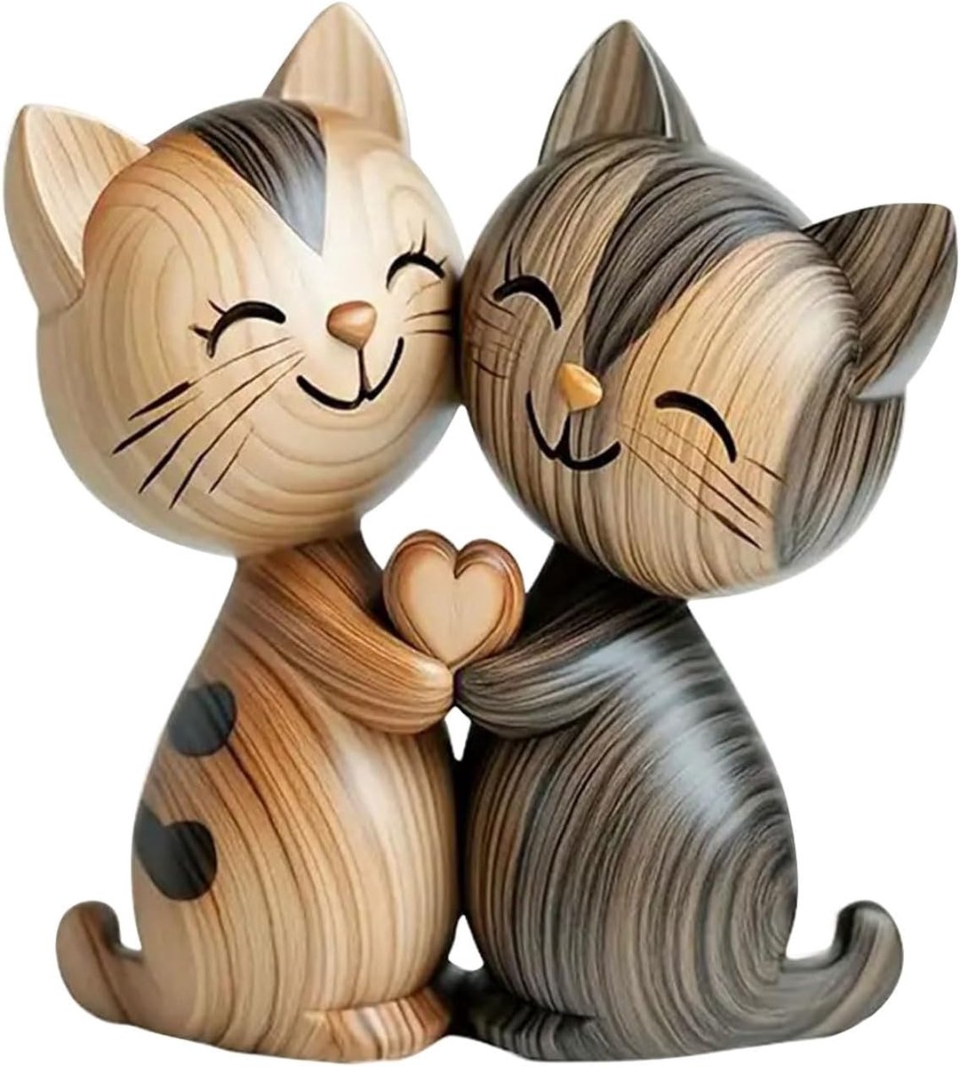 SnelShoppen - Houten Kat Koppel Beeldje - 2D Flatte Desk Decoratie met Omhelzing - Unieke Cadeau voor Kat Liefhebbers - 20x18 cm Natuurhout - Warme Kl