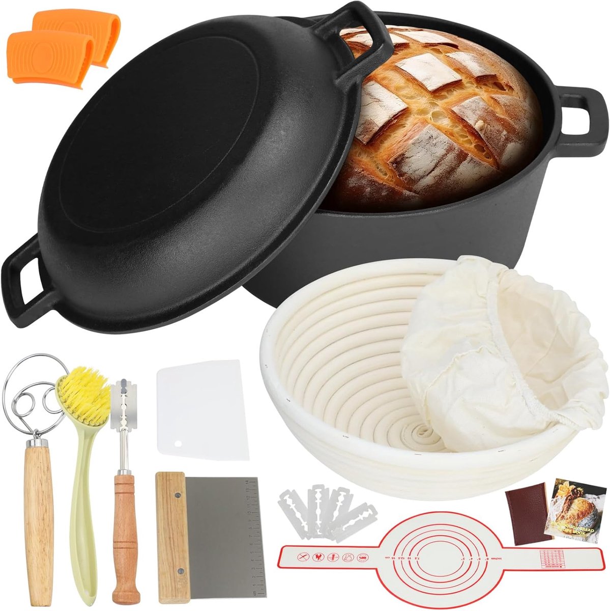 SnelShoppen - 5.7 L Gietijzeren Dutch Oven Set - Sourdough Starter Set met Bewijsmand, Mes en Deksel - Ideaal voor Brood Bakken, Koken, Frituren, Brai