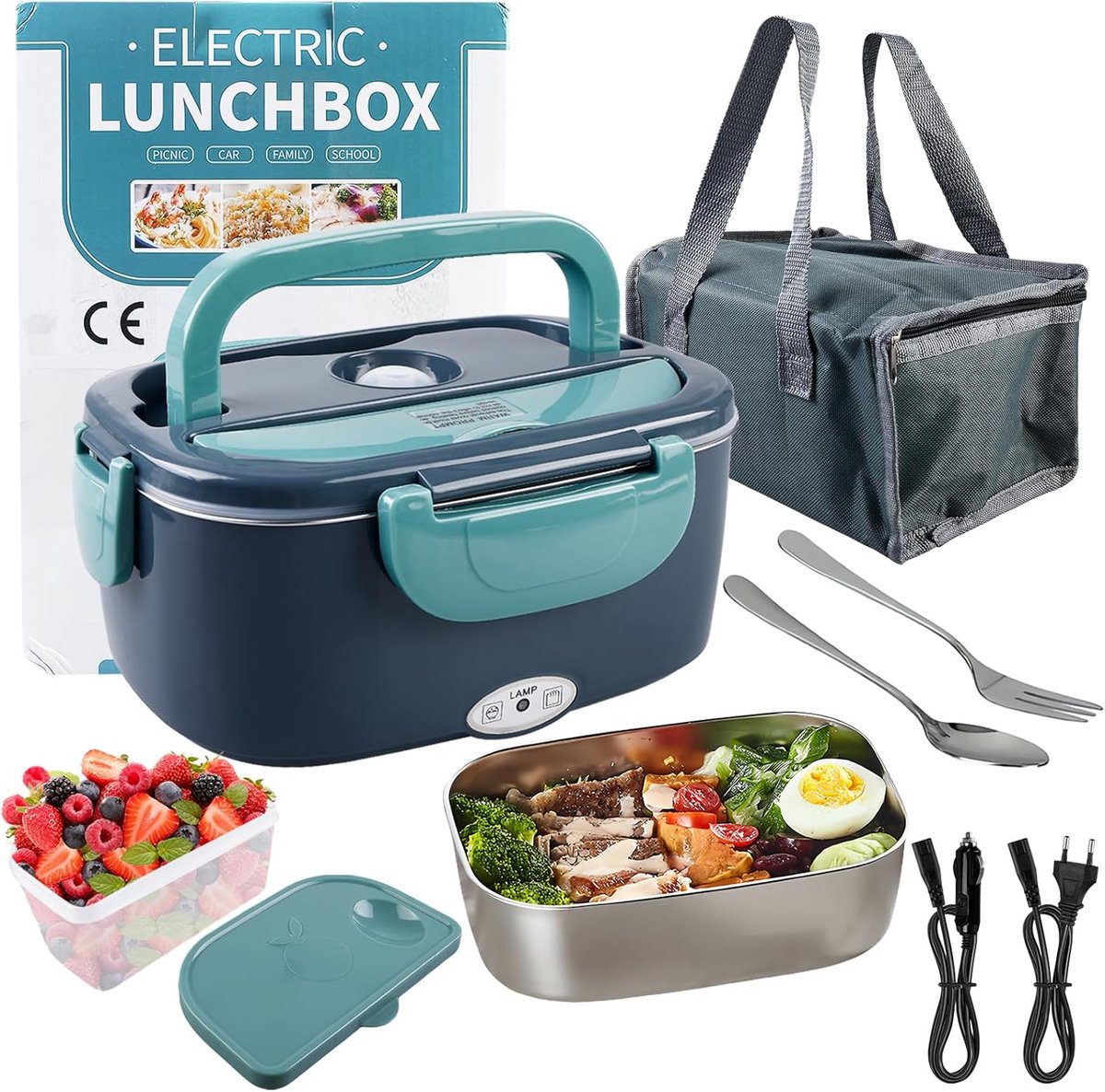 SnelShoppen - Portable Electric Lunch Box 1.5L - 60W Elektrische Lunchbox voor Auto, Kantoor, Truck - Warmhoudbox met Bestek en Koeltas - Duurzaam PP