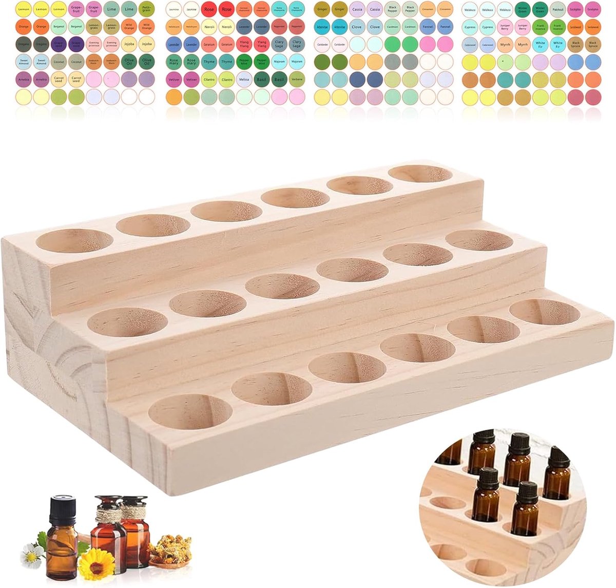 SnelShoppen - 18 Slots Houten Organizer voor Essentiële Olie - Aromatherapie Display Rack met 3-Laags Trapezium Ontwerp - Ideaal voor Thuis, SPA, Kant