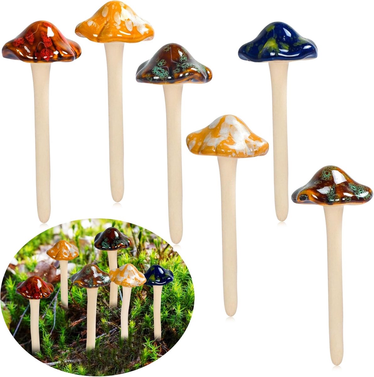 SnelShoppen - Kleurrijke Tuin Paddenstoelen Set van 6 - Ceramische Decoratie Ornamenten voor Fairy Garden, DIY Poppenhuis, Bloempot en Beeldjes - 4 Kl