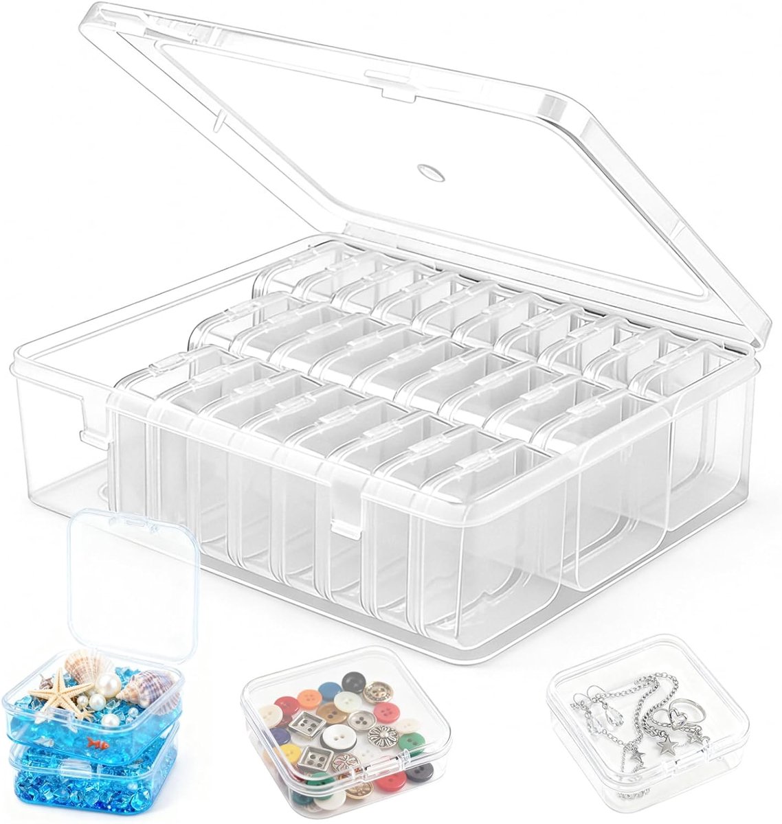 SnelShoppen - Pack van 30 Sorteerdozen voor Kleine Onderdelen, 5.5 x 5.5 x 2 cm, Opbergdozen met Deksel voor Sieraden, Beads, Schroeven, Transparant P