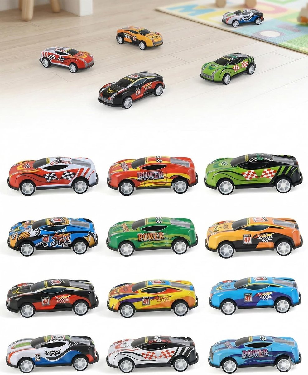 SnelShoppen - Mini-speelgoedauto's voor kinderen, 12 stuks, robuuste terugloopfunctie, kleurrijke voertuigen, cadeau voor jongens en meisjes, 3-8 jaar