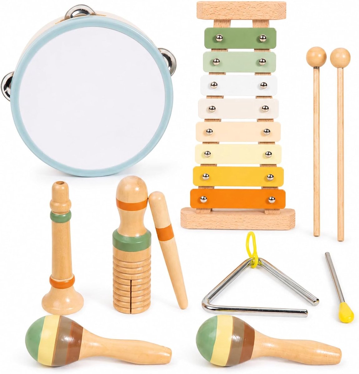 SnelShoppen - 12-delige Houten Muziekinstrumenten Set voor Kinderen 3-5 Jaar, Montessori Percussie met Xylofoon, Tambourine, Maracas, Guiro, Fluit en