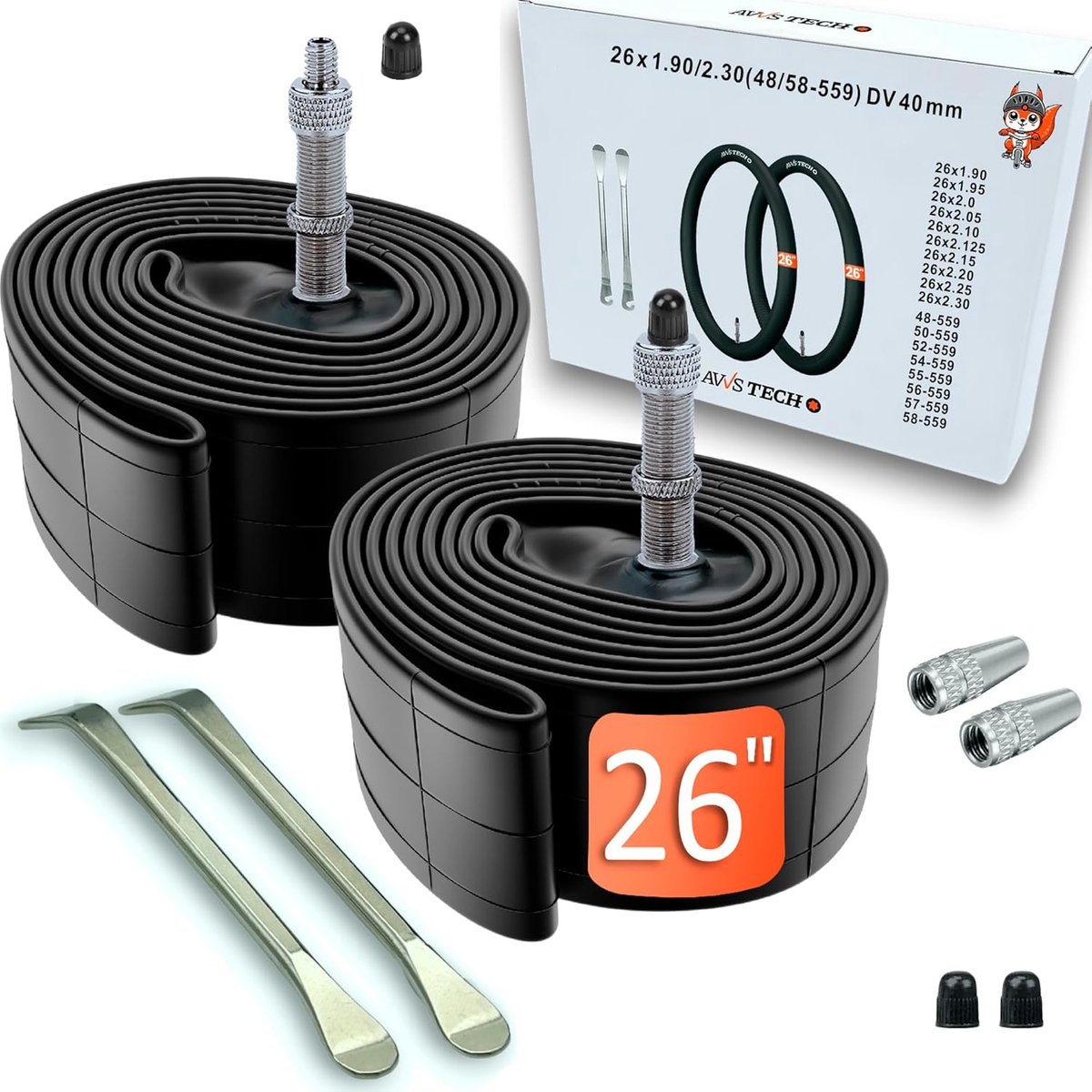 SnelShoppen - Fietsbinnenbandenset 26 inch voor AV SV DV ventielen | 26x1.90 tot 26x2.30 | MTB trekking stadsfiets | inclusief bandenlichters en licht