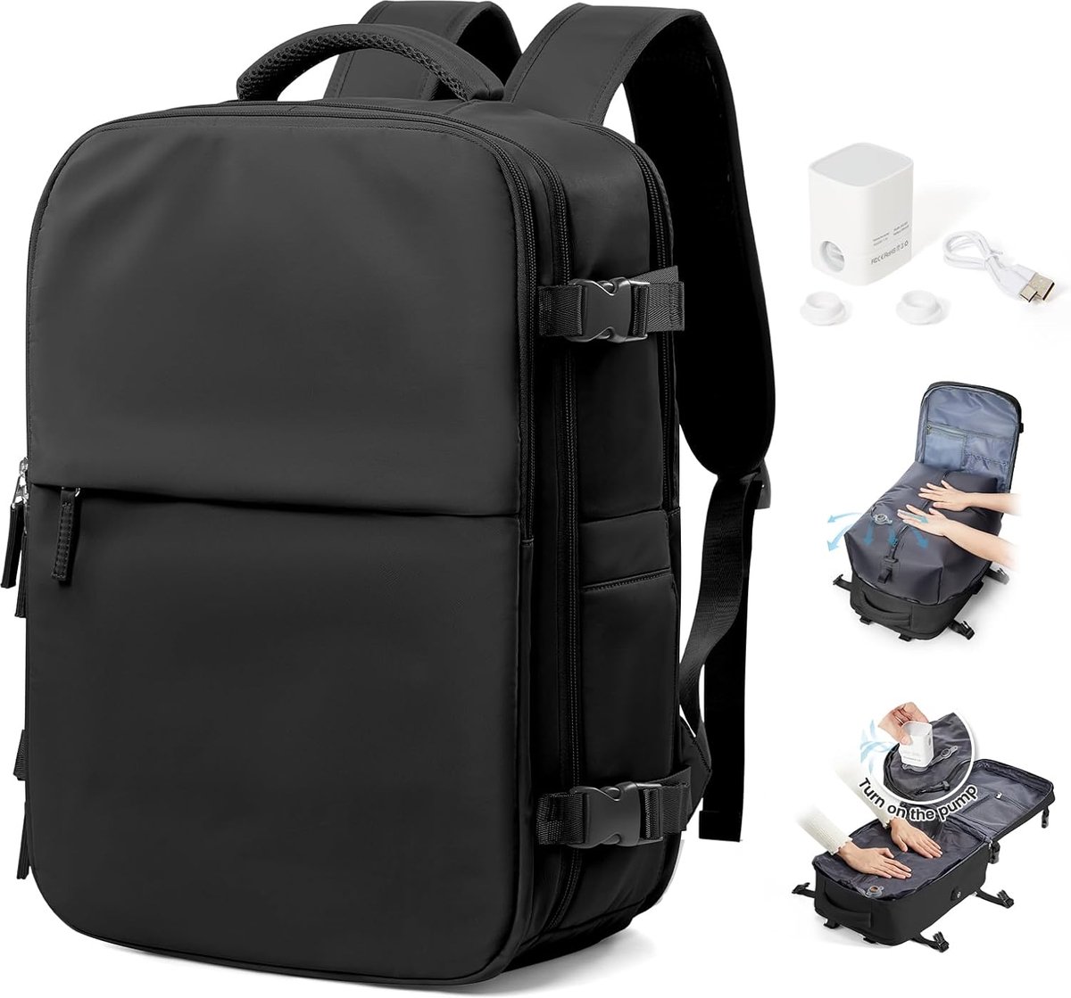 Thijox - Vacuümrugzak met Pomp, Handbagage Rugzak voor Easyjet, Waterdichte Weekendtas, Reisrugzak voor Onder de Stoel, Casual Wandelrugzak, F01-Zwart