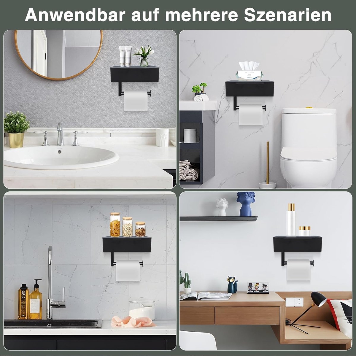SnelShoppen - Toiletpapierhouder Zwart zonder Boren met Natdoekjesdoos - Zelfklevende Toiletrolhouder voor Badkamer - Rvs, Waterdicht, Geluidsarm, Mod