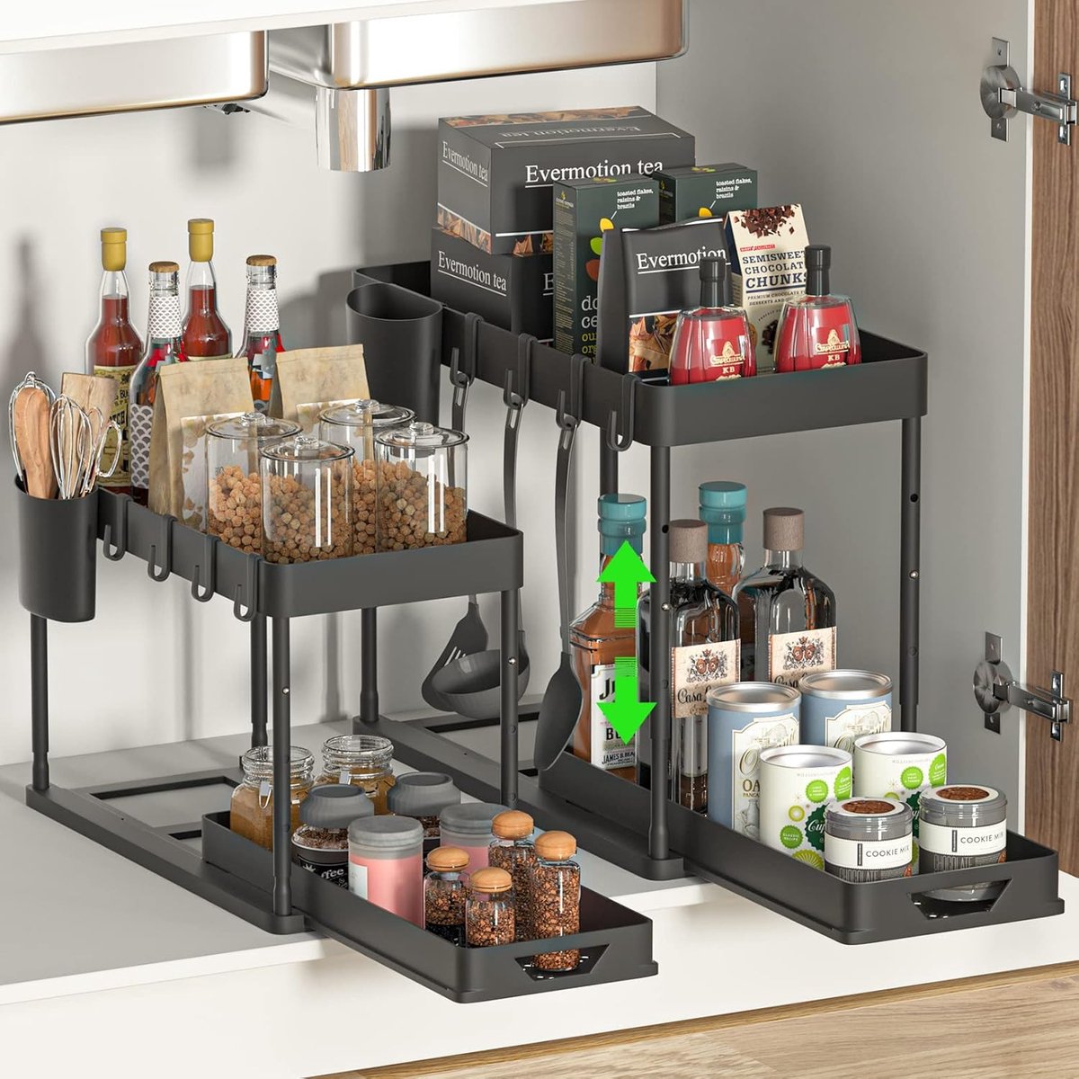 SnelShoppen - Onderkast Organizer Keuken met 2 Laag, Uittrekbare Lades, 4 Haken, 8 Antislip Pads, Hangbeker, Zwart - Ideaal voor Keuken en Badkamer