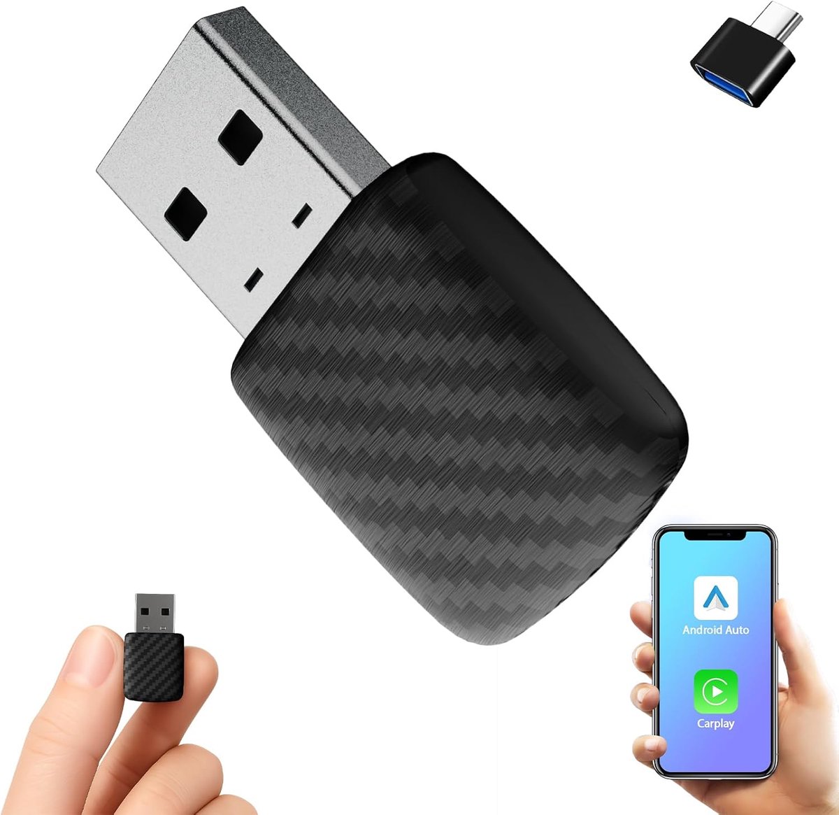 Thijox - Draadloze CarPlay en Android Auto-adapter, Bluetooth 5.0, Mini Plug & Play USB-adapter, Compatibel met Bekabelde CarPlay en Android Auto voor
