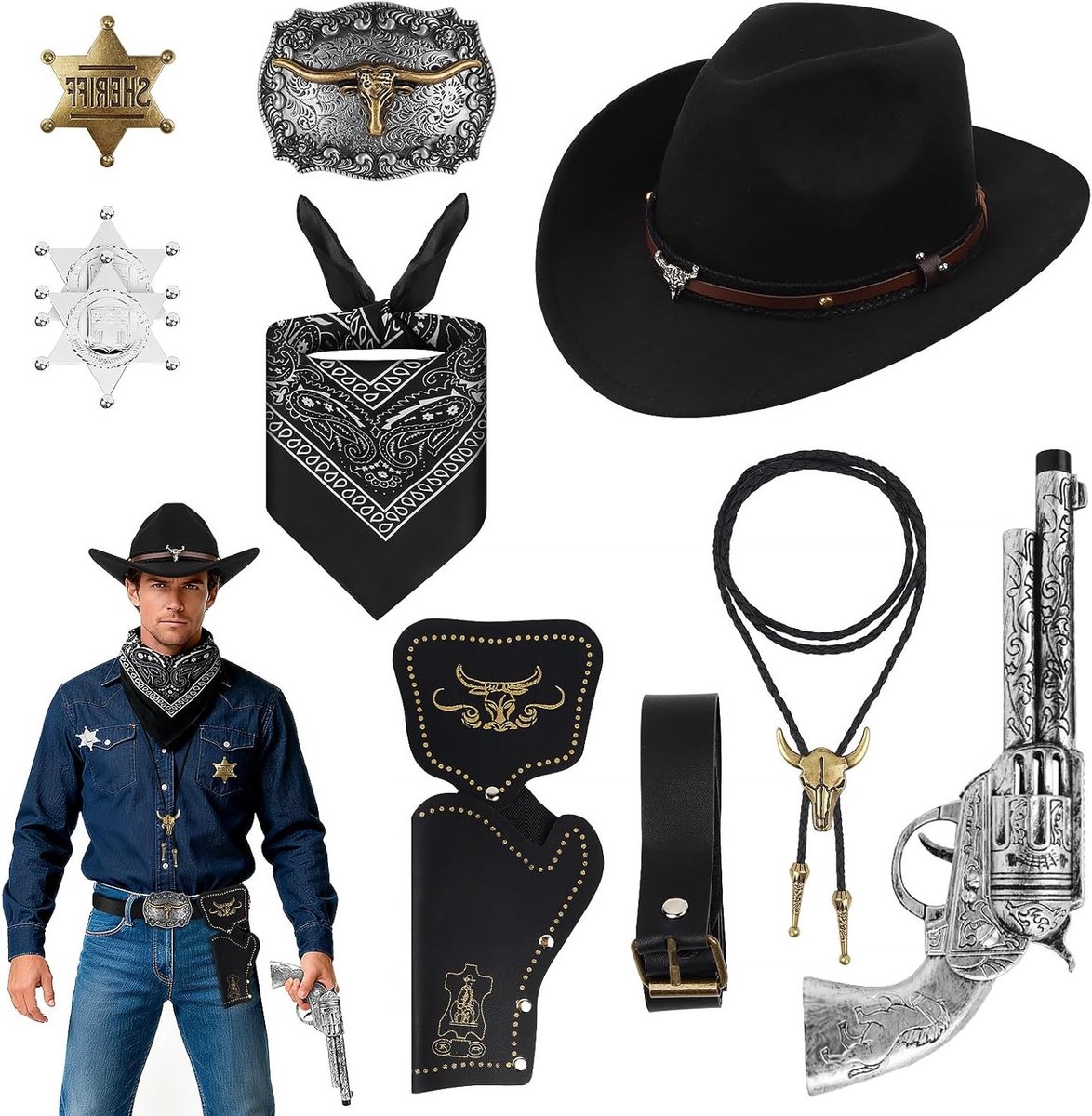 Volledig Cowboy Kostuum Set voor Mannen, 10 Delen, Western Outfit voor Volwassenen en Tieners met Cowboy Hoed, Ideaal voor Themafeesten, Carnaval en Verkleedpartijen