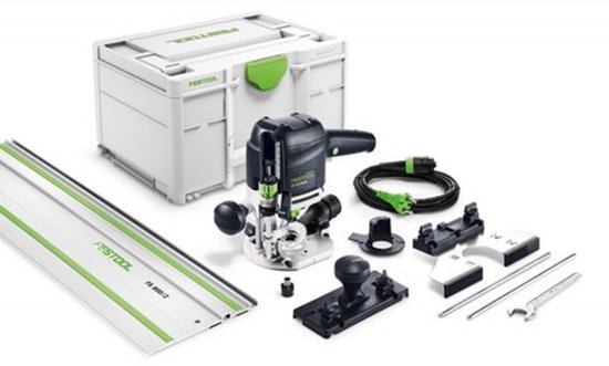 Festool OF 1010 REBQ bovenfrees met Systainer, geleiderail FS 800/2 en diverse accessoires.
