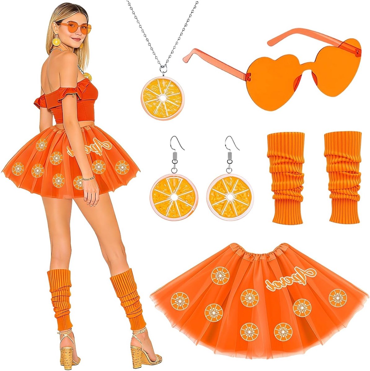 Vrouwelijk oranje kostuumset voor feestjes, carnaval en themafeesten