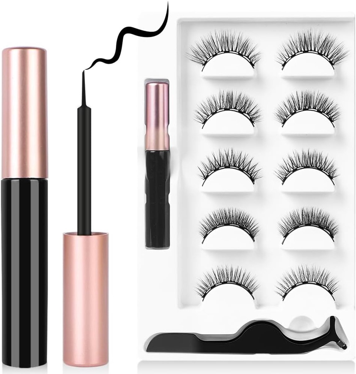 SnelShoppen - Magnetic Fake Eyelashes 5 Paar Herbruikbare Dikke Wimpers met Eyeliner, Natuurlijke 3D Curly Set van Minks voor Feest en Dagelijks Gebru