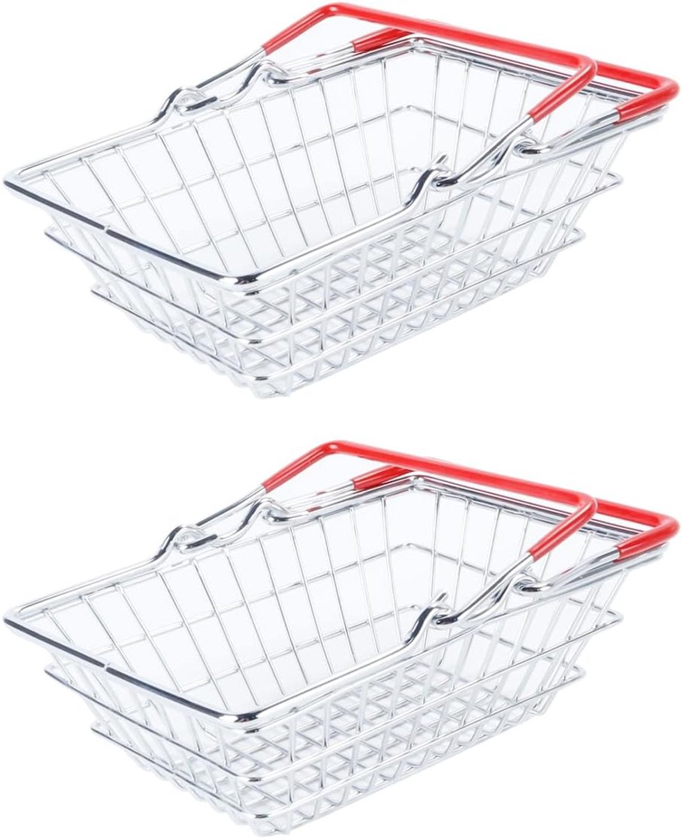 SnelShoppen - 2 stuks Mini Shopping Baskets - Realistische Metaal met Handvatten - RVS en Rubber - Rectangular - Modern Stijl - Draagbare Opslag voor