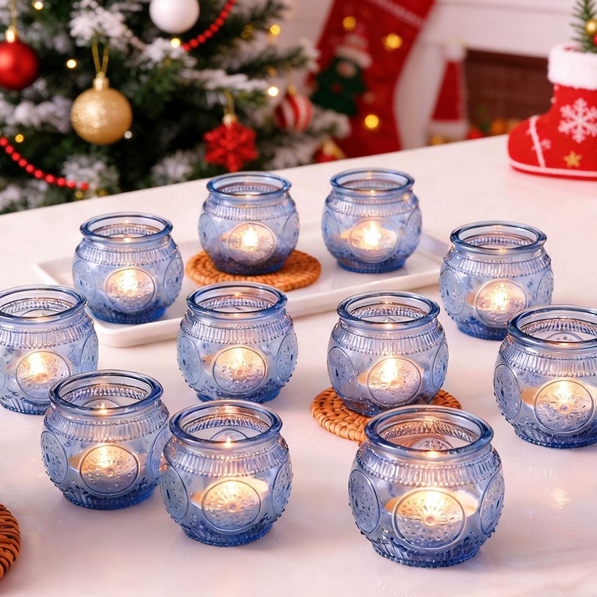 SnelShoppen - 12 Pcs Blauw Votive Kaarsenhouders - Glazen Theelichthouders voor Bruiloft, Babyshower, Feest en Thuisdecoratie - Vintage Zonnebloem Des