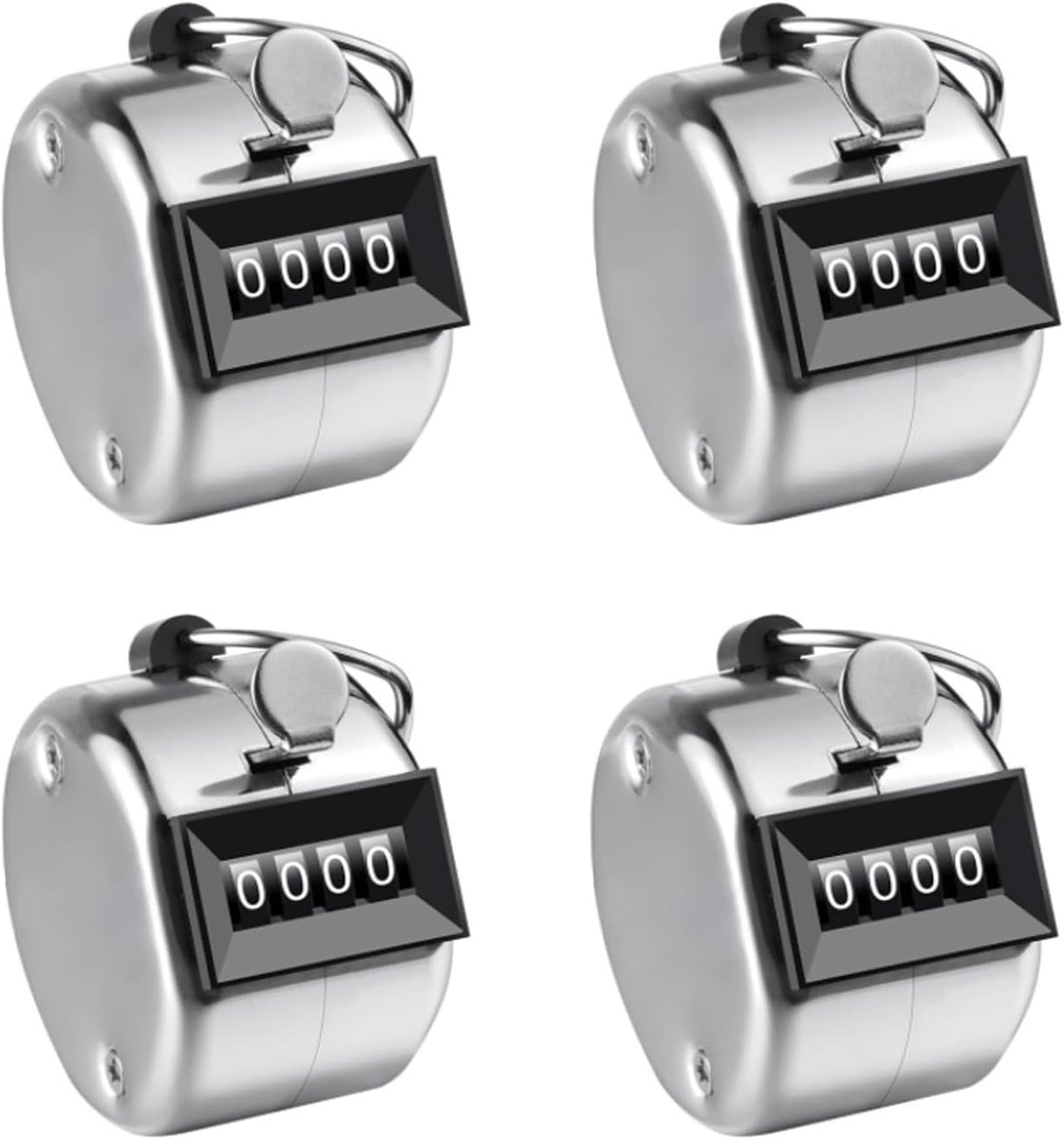 SnelShoppen - 4Pcs Hand Clicker Counter - 4-Digit Metaal Tellen - Duurzame Zilveren Telmachine voor Sport, Golf Coaching, Feestjes en Activiteiten