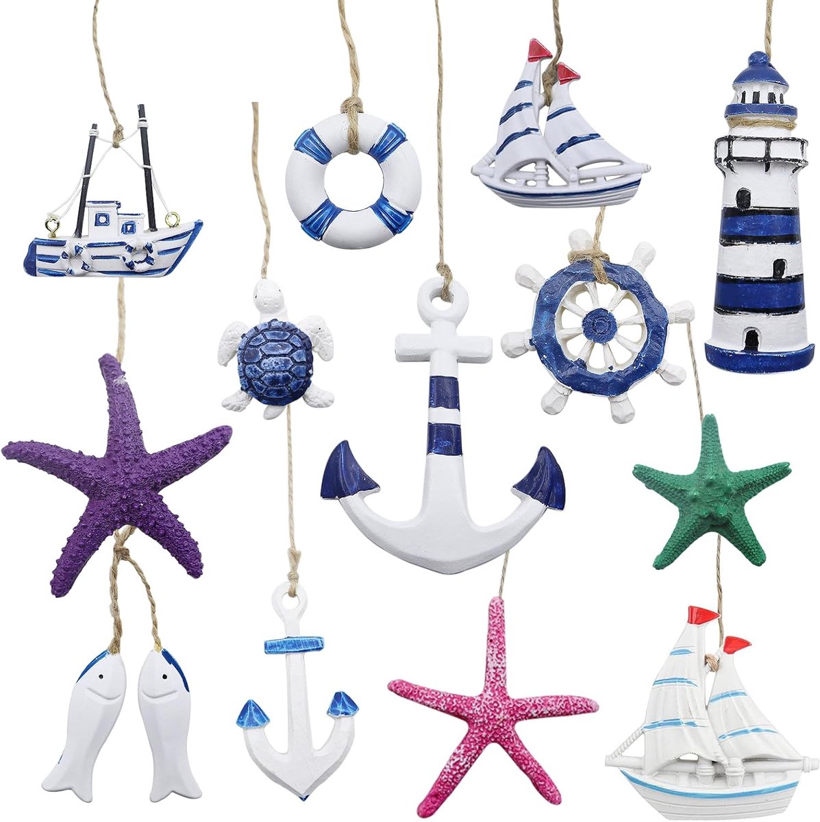 SnelShoppen - 13pcs Marine Pendants Set, Nautical Decoratie voor Hangende Anker, Sterrenvis, Reddingsring, Vis, Vuurtoren, Stuurwiel - Ideaal voor Str