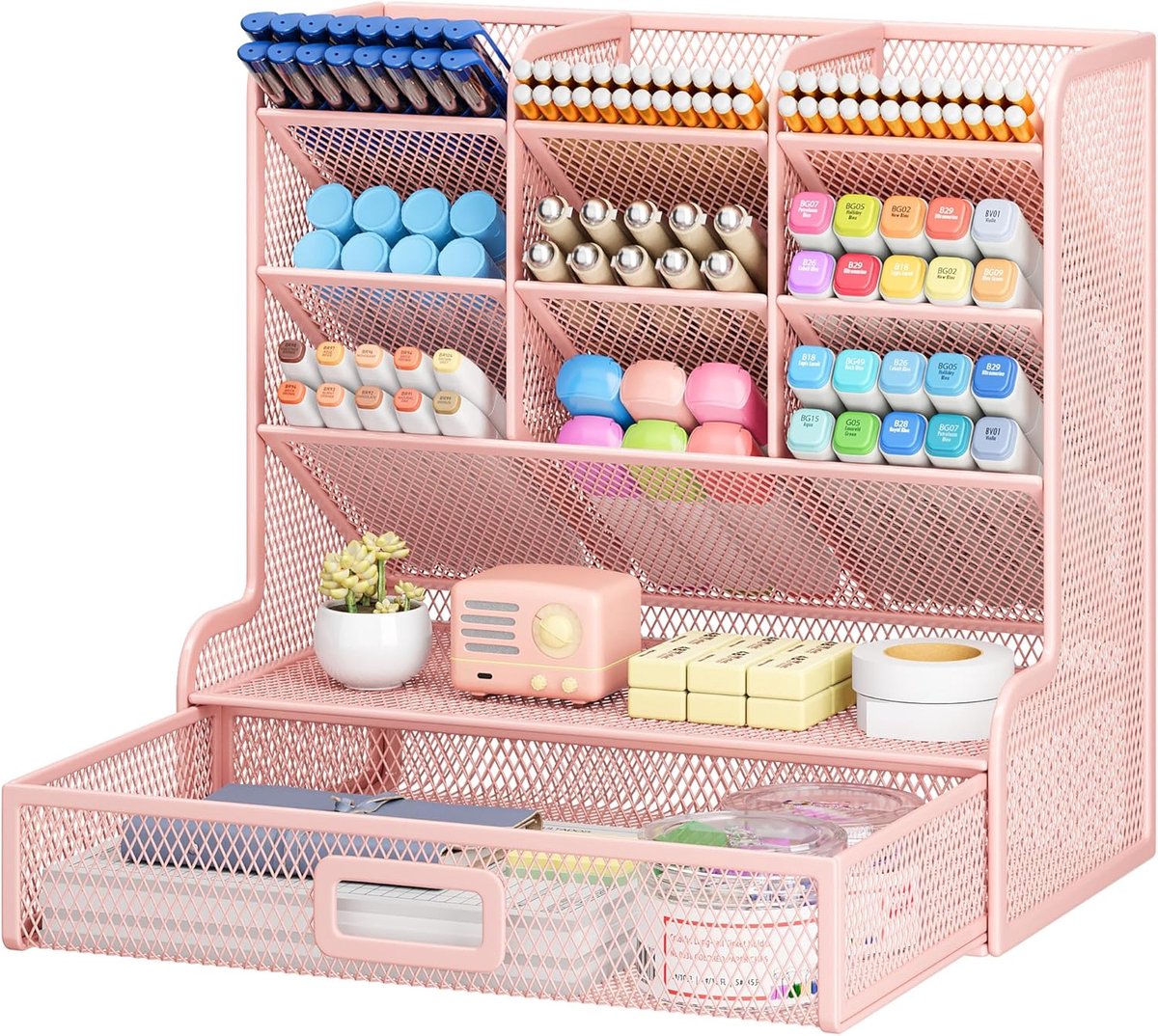 SnelShoppen - Desk Organizer met 10 Compartimenten, Metalen Pennenhouder met Lade, Roze, Ideaal voor School, Thuis en Kantoor
