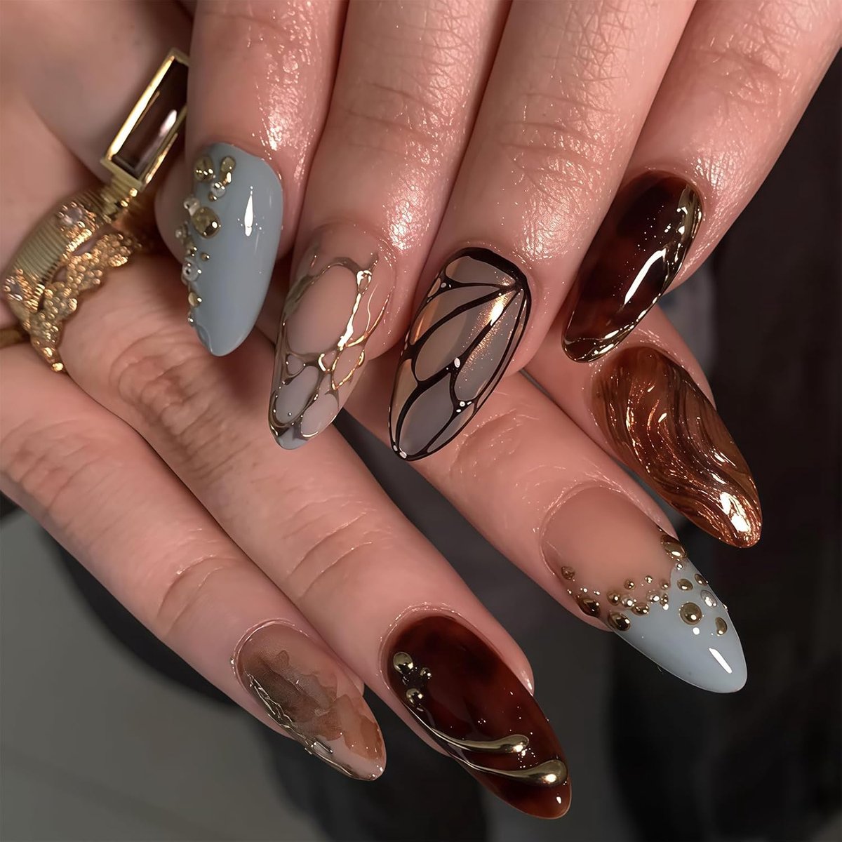 SnelShoppen - French Medium Amandelvormige Zelfklevende Nagels met 24 3D Rhinestones in Schildpadlook - Elegant en Herbruikbaar voor Vrouwen - Ideaal
