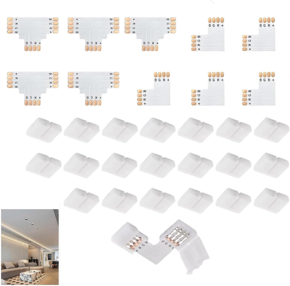 SnelShoppen - 30-delige LED aansluitset voor lichtstrips, 20 naadloze connectors, 5 L-vormige en 5 T-vormige aansluitingen, geschikt voor 10mm LED str