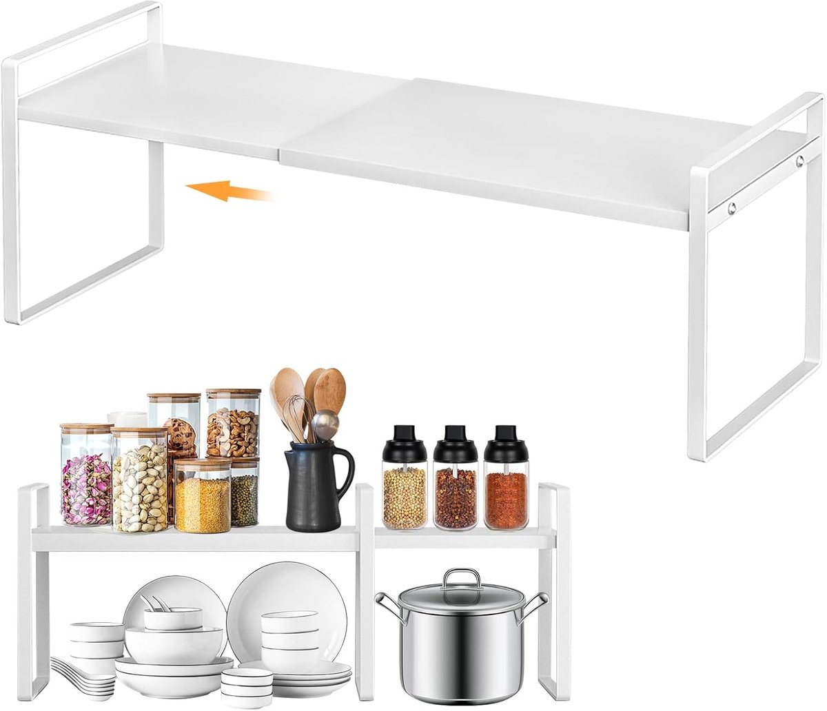 SnelShoppen - Uitbreidbaar Kastrek 35-65 cm - Verstelbaar Keukenrek - Organizer voor Kruiden en Accessoires - Robuust Koolstofstaal - Stapelbaar Aanre