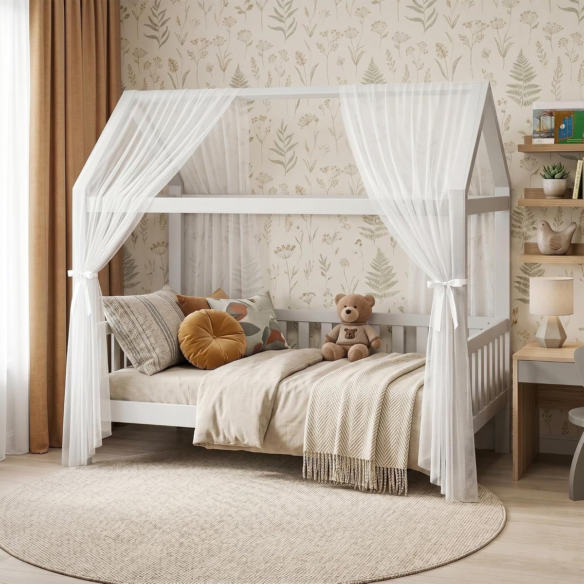 SnelShoppen - RANJIMA House Bed Awning Set van 2 - Muslin Stof - Ademend en Zacht - Kinderen Bed Decoratie - 150 x 350 cm - Wit - Perfect voor Kinderk