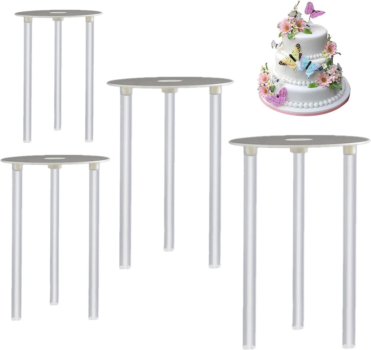 Herbruikbare cakeplaten en cakepinnen voor het bouwen en stapelen van meerlaagse taarten - 4 platen van 9/12/16/20 cm en 12 pinnen voor perfecte taartconstructies