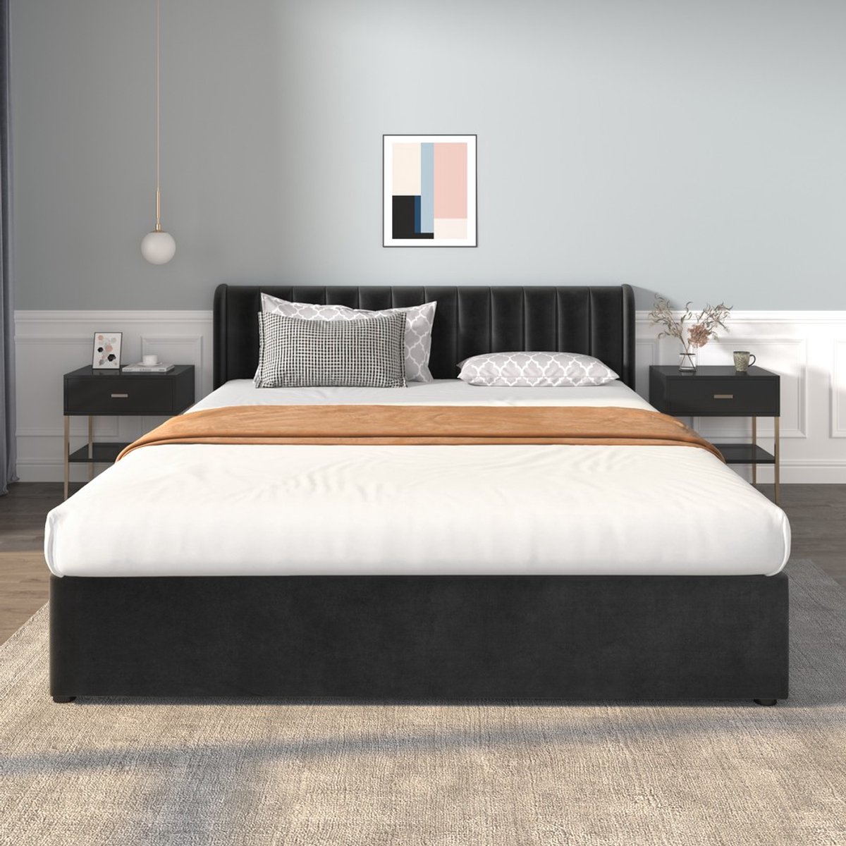 KOMHTOM - Gestoffeerd Bed - 180x200 cm - Fluweel - Lattenbodem - Rugleuning - 2 Lades - Zwart