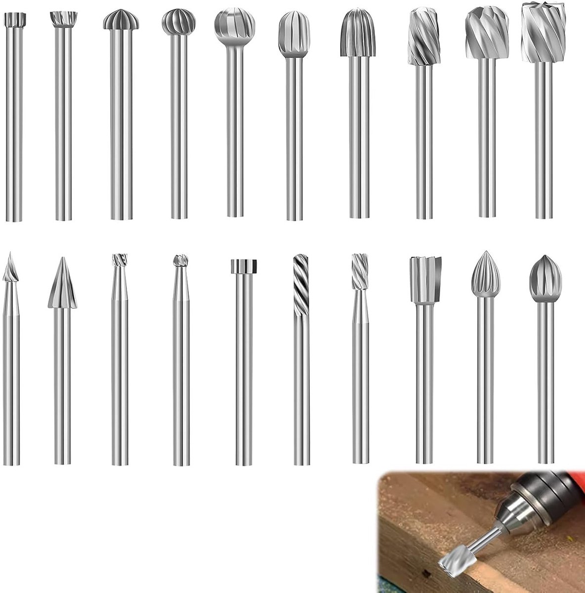 20-delige Houtfrezen Set voor Houtbewerking met 3 mm Schacht - Rotatiefrees, Snijden en Graveren voor DIY-projecten