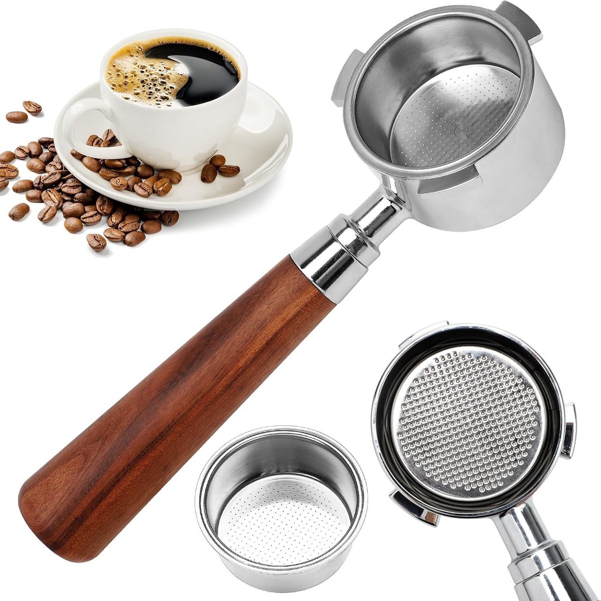 Filterhouder zonder bodem 51 mm voor DeLonghi espressomachines, roestvrij staal, koffiezeefhouder met houten handvat en drie oren voor optimale extractie