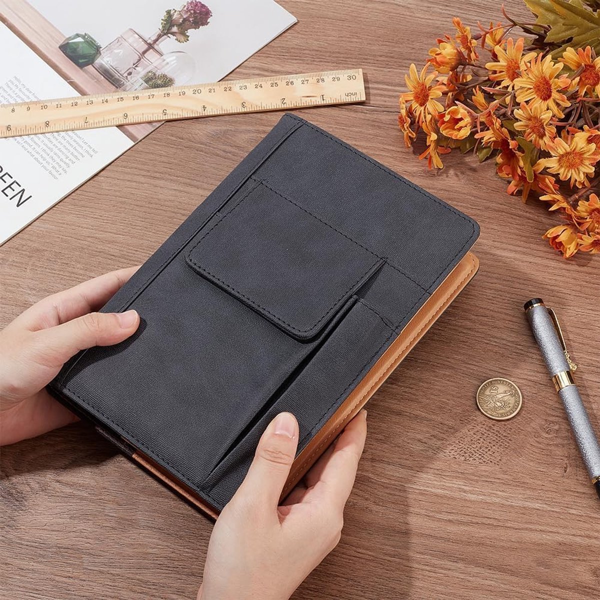SnelShoppen - CRASPIRE Boekomslagen PU Leer Waterdicht Zwart Herbruikbaar Beschermhoes voor Kleine Notitieboekjes en Paperbacks met Pen Vakjes 15.5x21