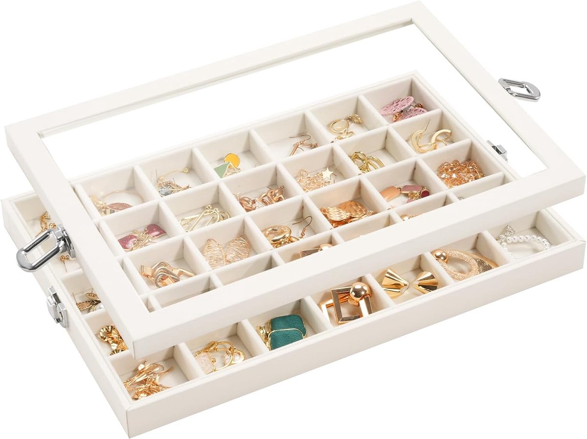SnelShoppen - Luxe Velvet Jewellery Tray Organiser met Deksel, 35 Compartimenten voor Oorbellen, Compacte Sieraden Organizer, Beige, Ideaal voor Lades