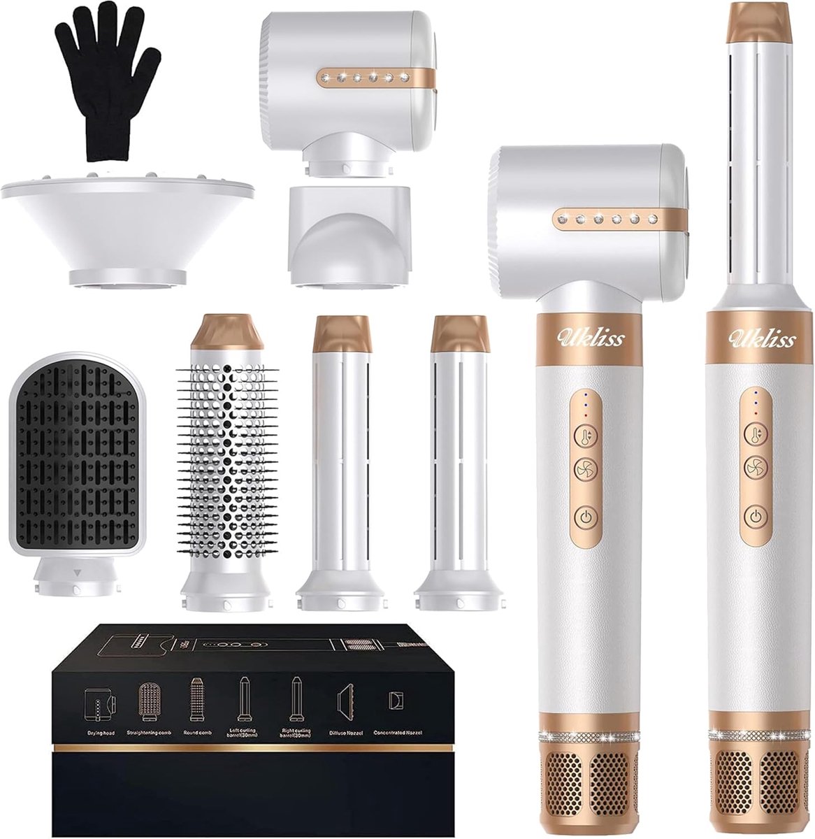 SnelShoppen - 7-in-1 Hairstyler Pro, Warm Lucht Borstel & Föhn Set met Automatische Krultang, Ronde Borstel Föhn, Haarstijl Set voor Vrouwen, Haar Föh