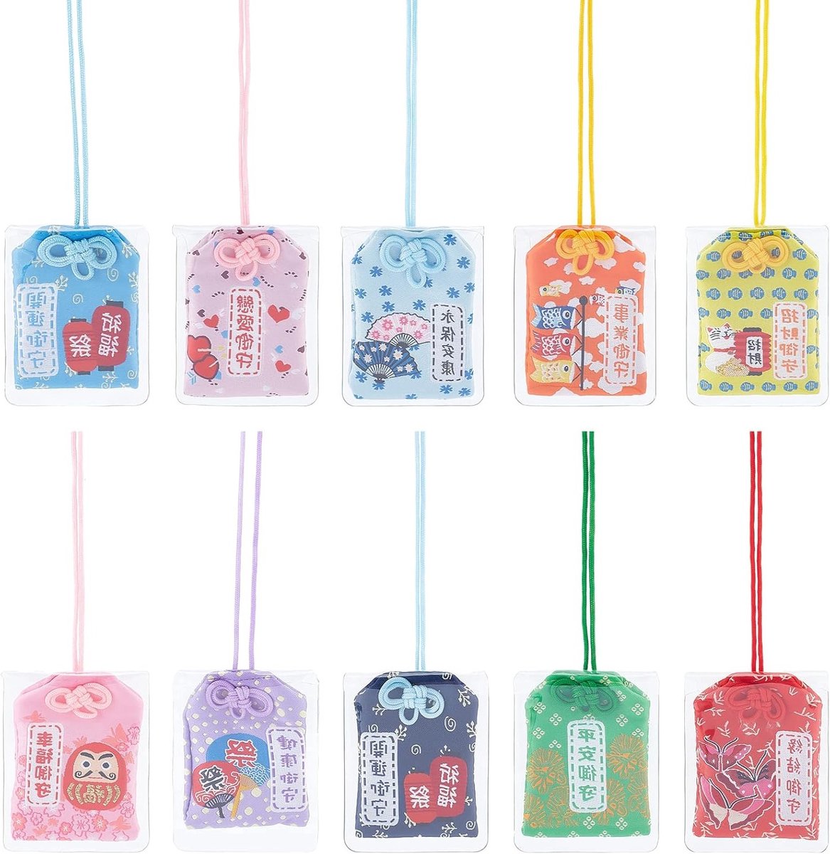 10 Stuks Japanse Omamori Charms - Geluksamulet in Hangende Pouch voor Gezondheid, Liefde en Veiligheid (Assortiment Kleuren)