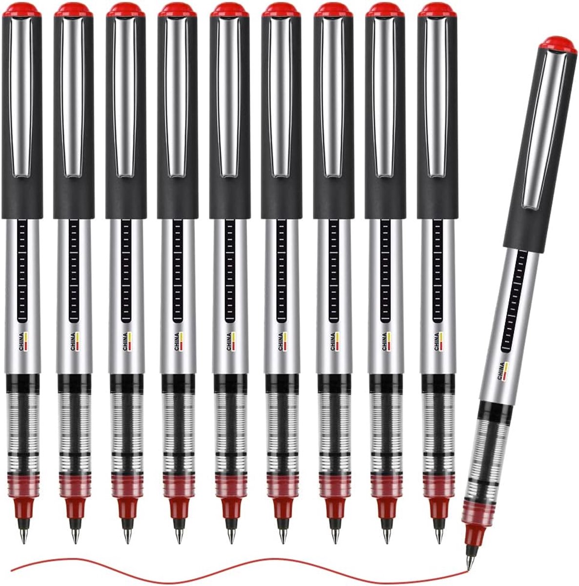 SnelShoppen - 10-delige Liquid Ink Rollerball Pen Set - Rood 0.5mm Gelpennen - RVS Tapered Tip voor Schrijven, Journaling, Notitieboek - School en Kan
