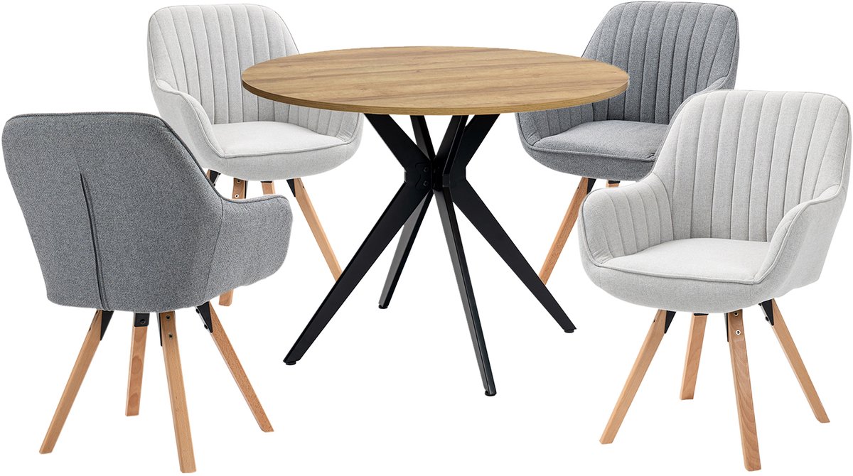 Eethoek - Ronde Eikenlook Tafel En 4 Houten Draaistoelen - Beige/Grijs