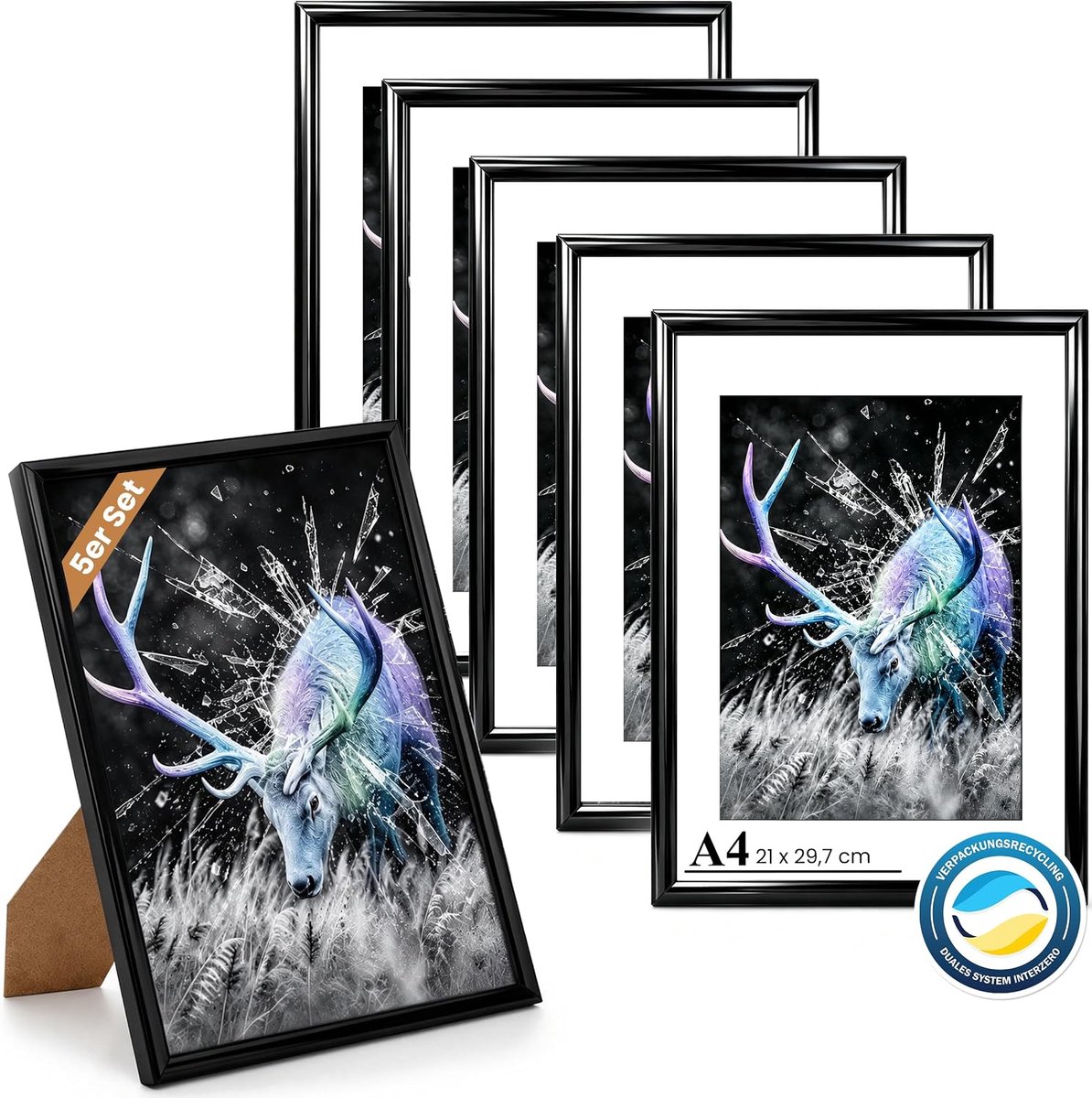 SnelShoppen - 5-Delige Fotolijst Set DIN A4 Zwart, Fotolijsten met Plexiglas, Voor Hangende en Staande Weergave van Foto's en Portretten