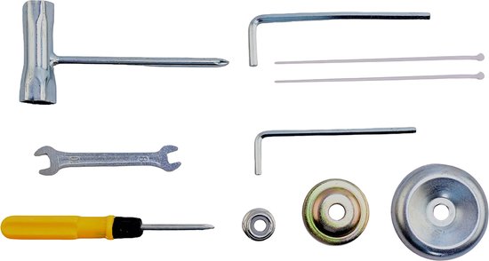 Set gereedschap voor grastrimmer: sleutels, schroevendraaier, bouten en ringen.