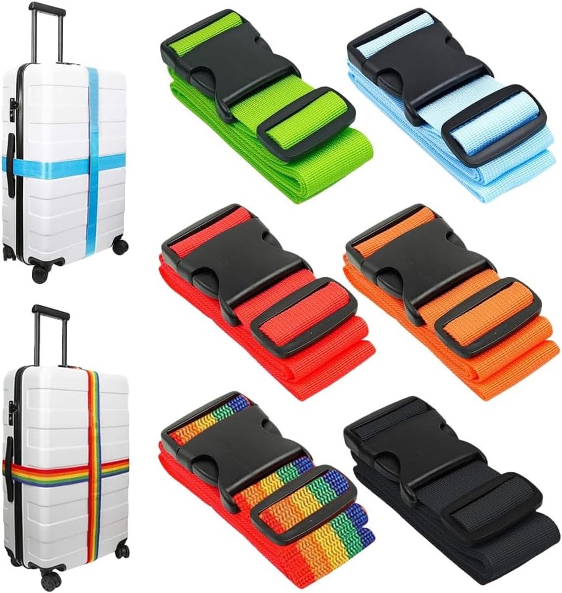 Verstelbare Kofferspanner Set van 6, Luchtvaartvriendelijke Bagagestraps voor Makkelijk Identificeren van Bagage, 5 x 200 cm, Zwart