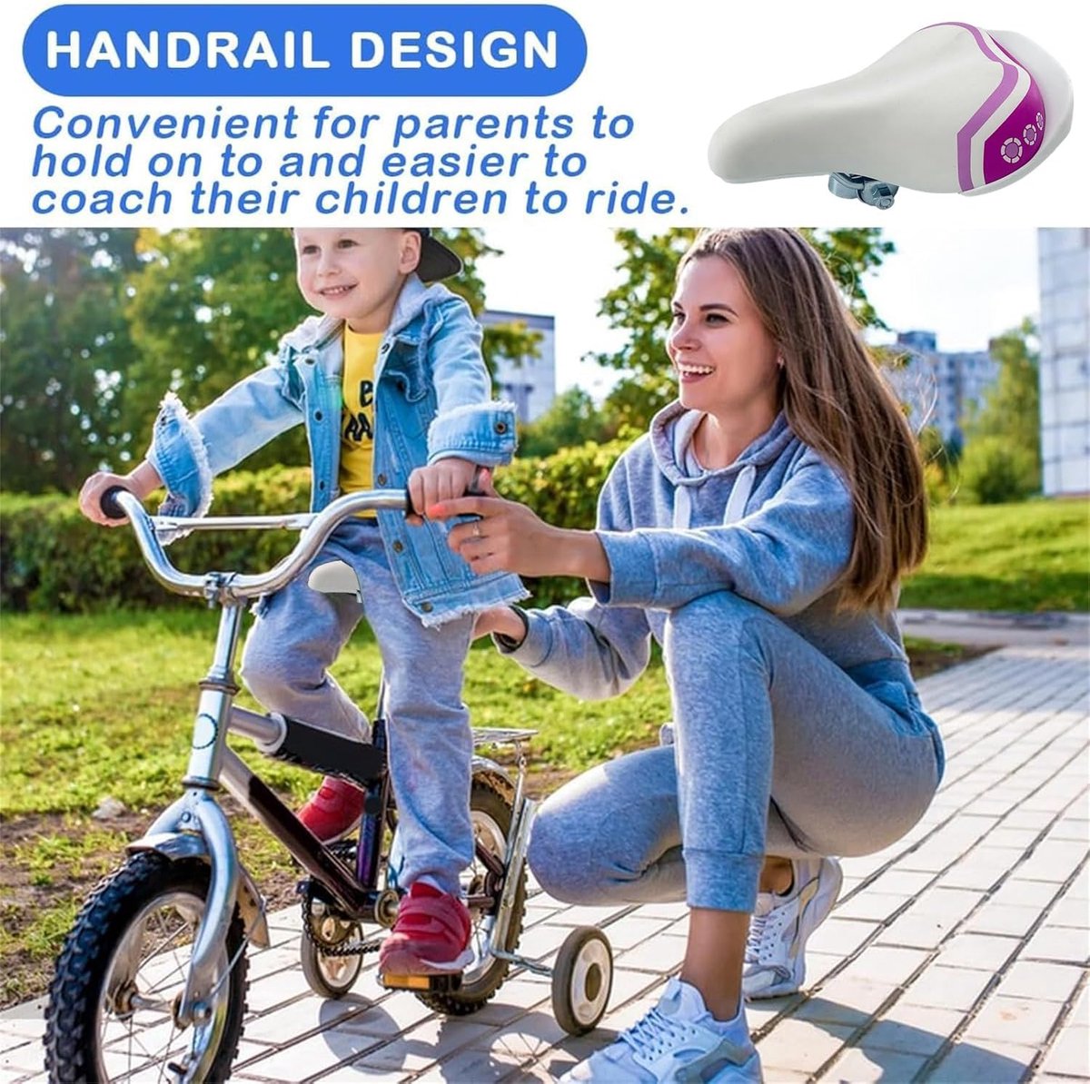 SnelShoppen - brede fietszaad voor kinderen, comfortabele vervangingszitting, 30x16x18 inch, geschikt voor 22.2 mm zadelpen, roze en paars, kinderfiet