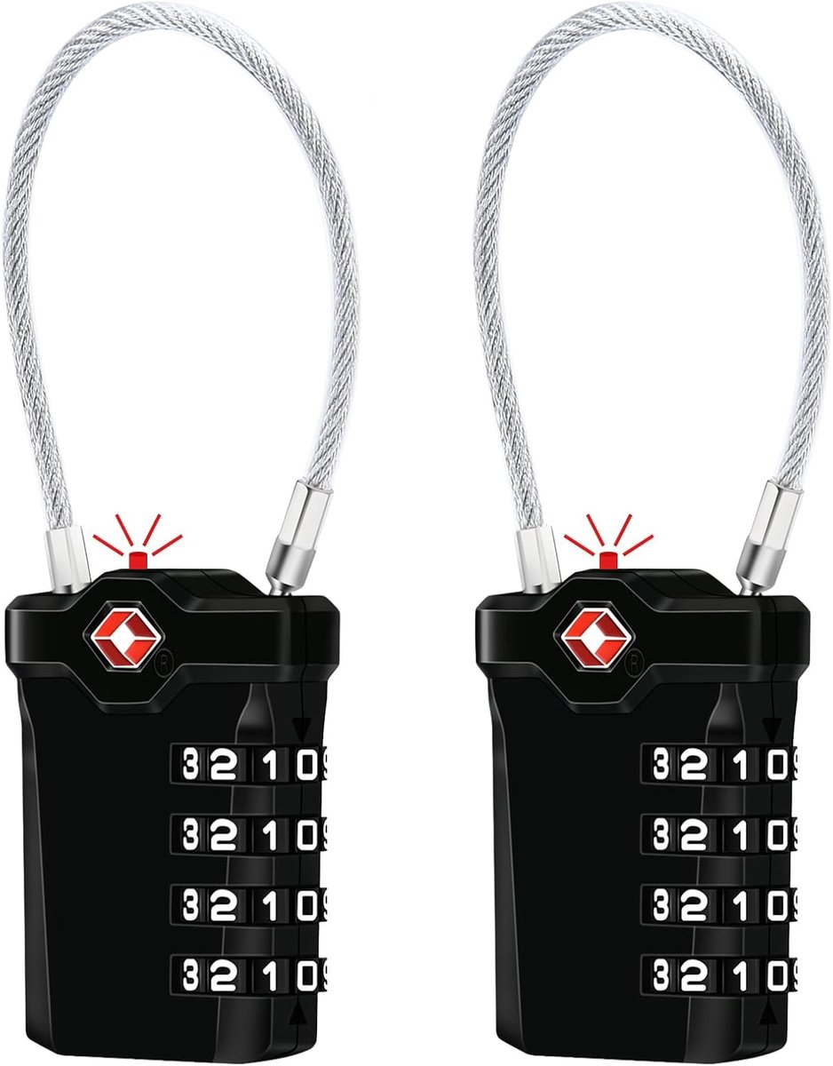 SnelShoppen - TSA Luggage Locks 2 Stuks - Verbeterde 4-Cijferige Combinatieslot met 14 cm Flexibele Kabel - Veiligheidsslot voor Koffer, Bagage, Rugza