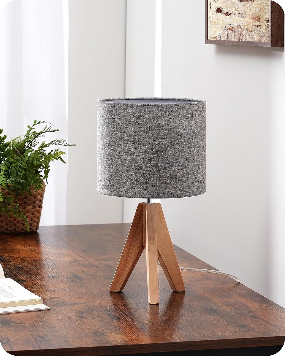 SnelShoppen - Vintage Tafellamp E27 Bedlamp Grijs Houten LED Lamp Retro Landelijke Stijl met Linnen Lampenkap voor Slaapkamer en Woonkamer