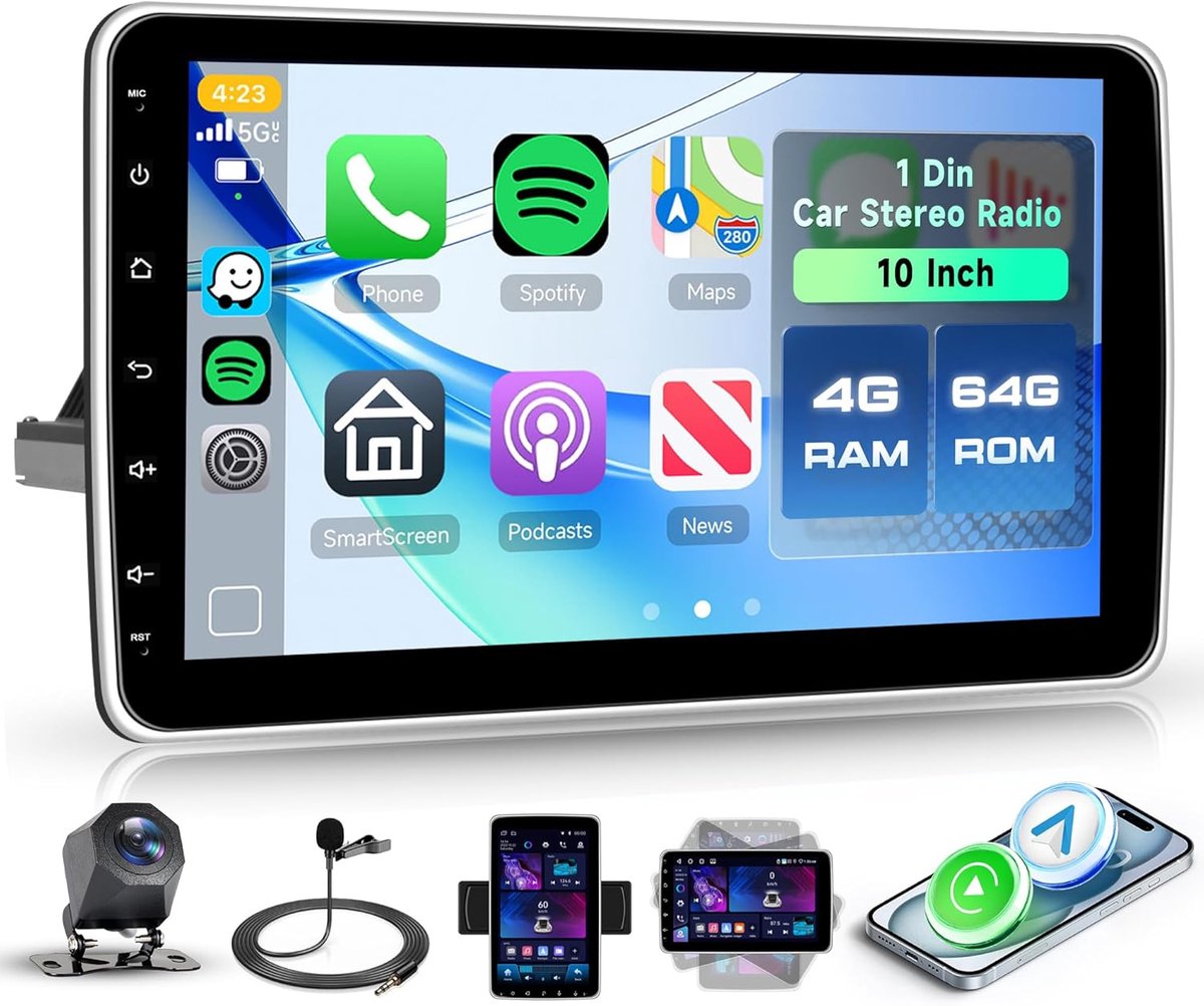 SnelShoppen - 10 Inch Rotating Android Car Radio 1 Din - 4GB + 64GB, GPS, Bluetooth, Wireless CarPlay/Android Auto, FM/RDS, WiFi, Mirror Link, Retro C