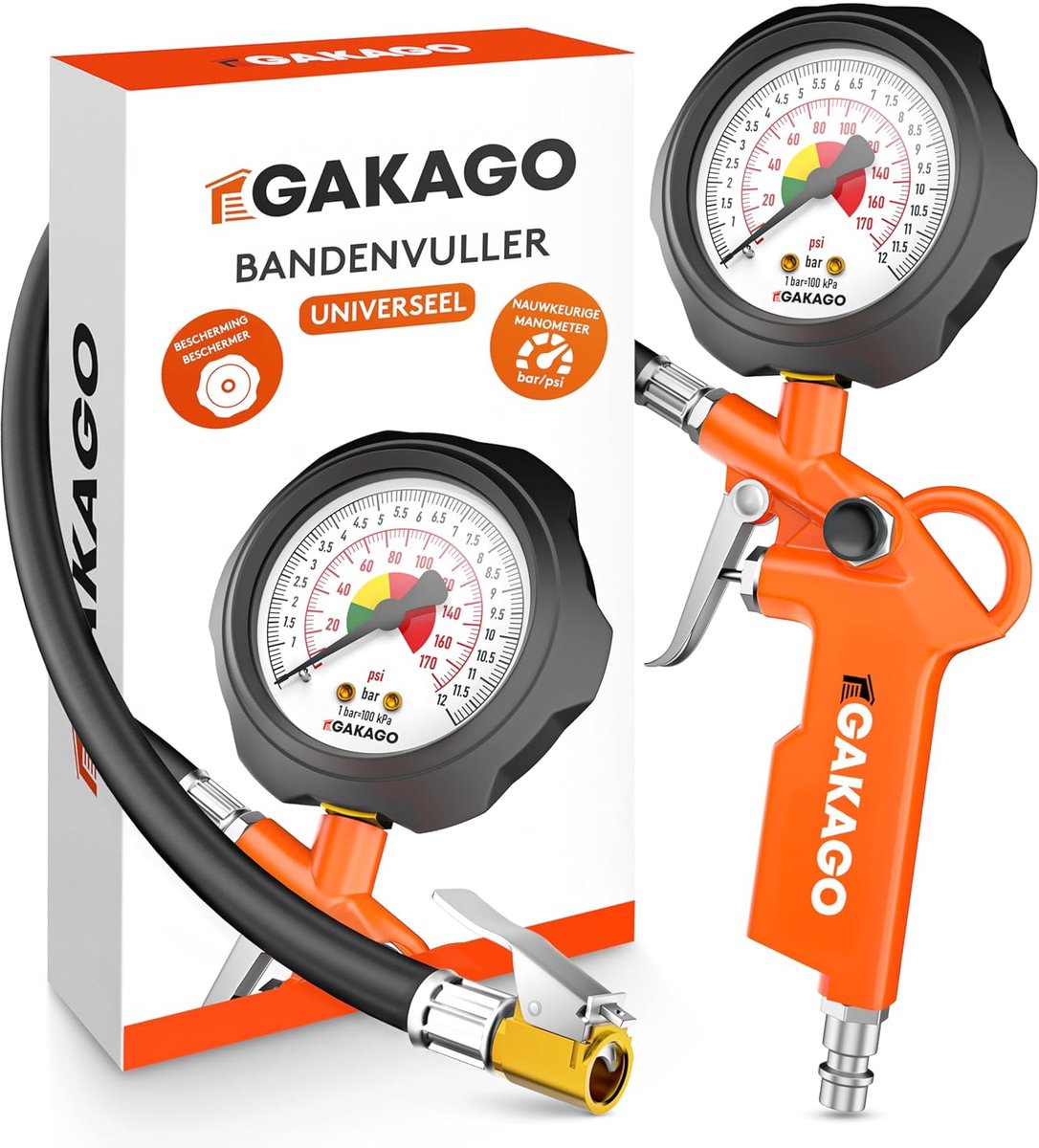 SnelShoppen - Tyre Filler met Precisie Manometer - 0-12 Bar Luchtdrukmeter - Extra Lange 45cm Vulslang - Duurzaam en Betrouwbaar voor Auto, Fiets, Mot