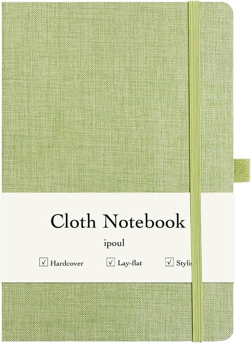 SnelShoppen - A5 Notebook met Linnen Kaft, 8x6 Inch, Lijnpagina's, Hard Cover, Lay Flat Ontwerp, Elastische Sluiting, Penlus en Groene Kleur voor Schr