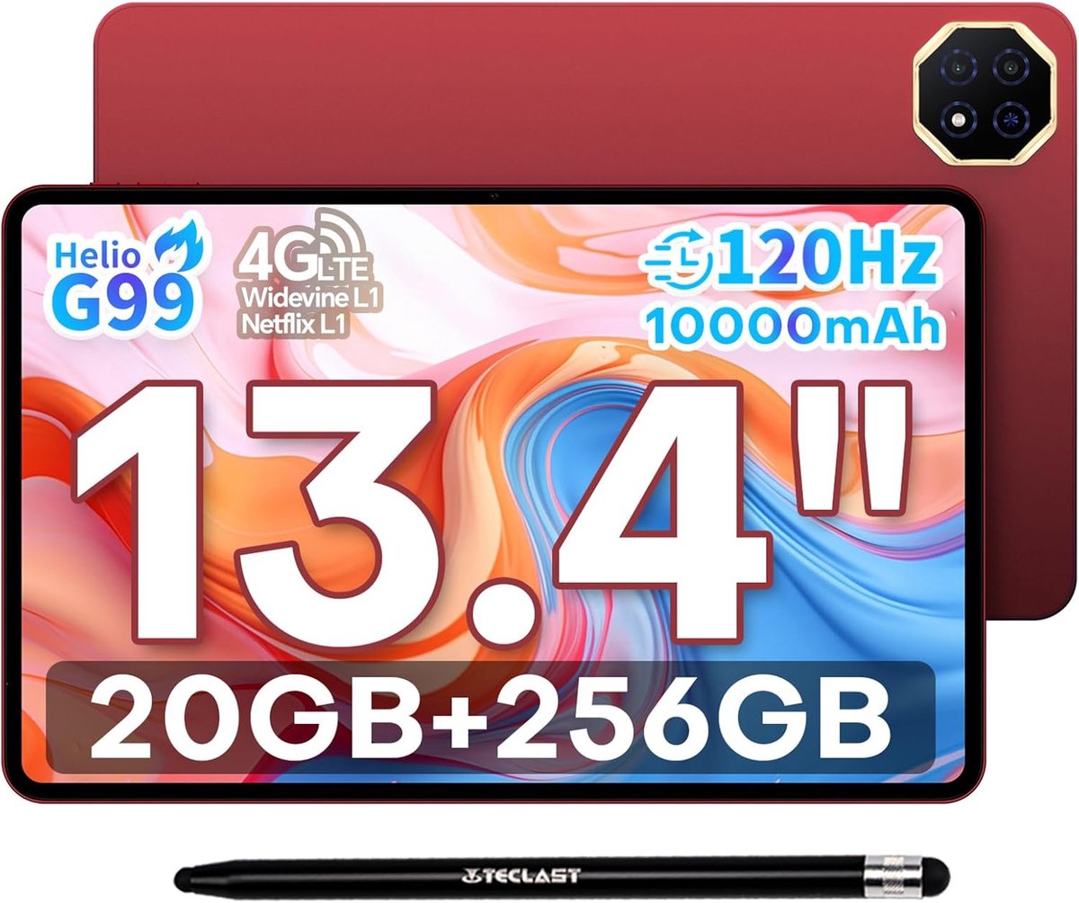 SnelShoppen - 13.4 Inch Tablet met 120Hz Scherm, 20GB RAM, 256GB Opslag, Android 15, 4G LTE, 13MP Camera, Gaming Tablet voor Werk en Entertainment