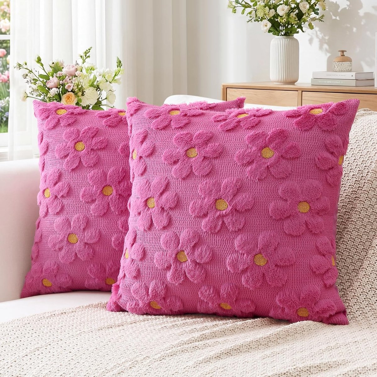 SnelShoppen - Set van 2 Decoratieve Kussenslopen van Wol, Ultra-Zachte Pluche Kussens, Bloemenpatroon, 45x45 cm, Roze Rood, Voor Sofa en Slaapkamer, S